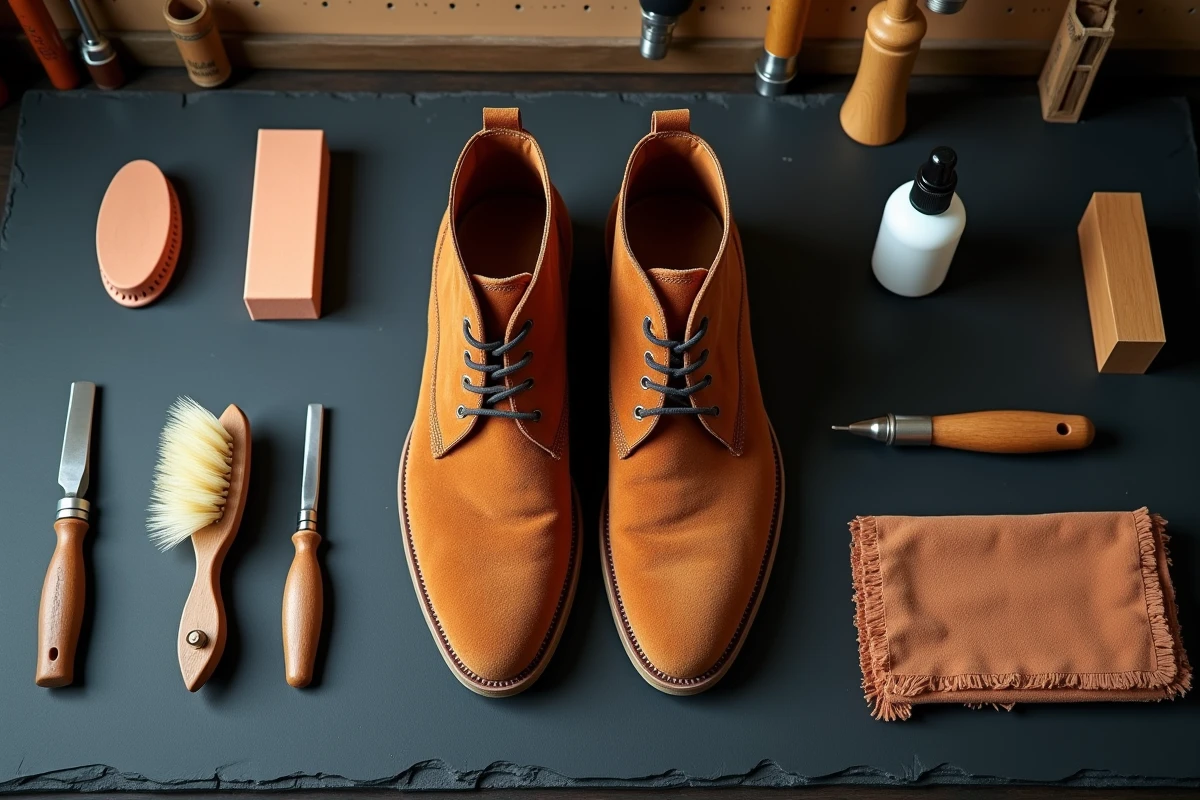 Vue de dessus d'une paire de bottines en nubuck marron entourée d'accessoires d'entretien incluant une gomme à nubuck, une brosse et un spray d'eau