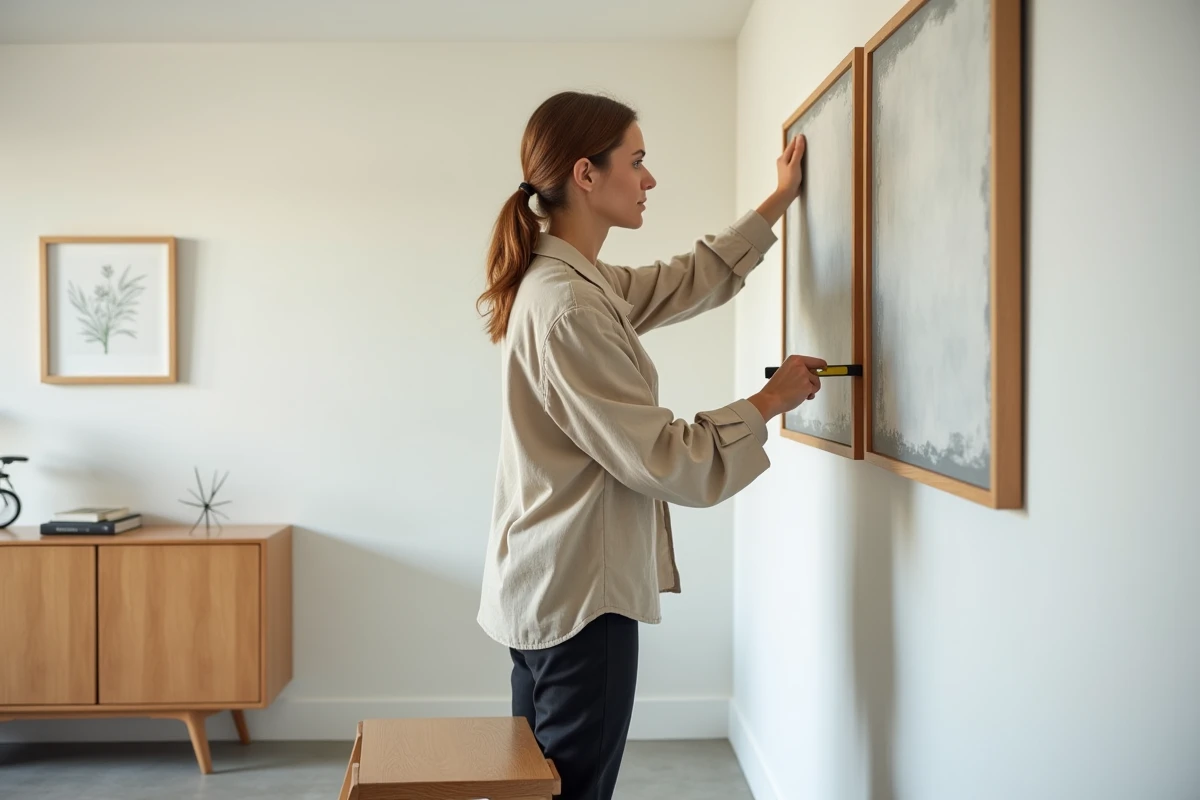 Femme accrochant un tableau abstrait encadré sur un mur blanc avec un niveau à bulle, dans un salon contemporain au style galerie d'art