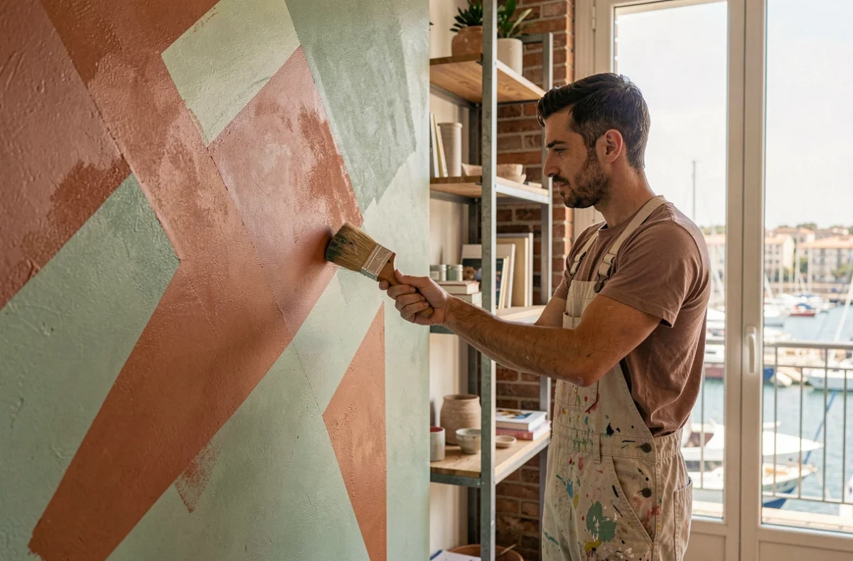 Peintre décorateur AD Peinture appliquant un motif décoratif sur un mur intérieur d'un appartement à Marseille