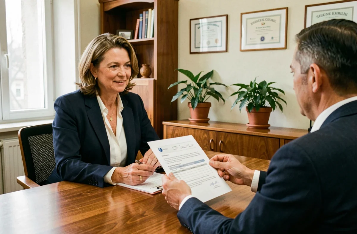 Conseillère d'une agence de ménage présentant un contrat de service à une cliente à Vienne