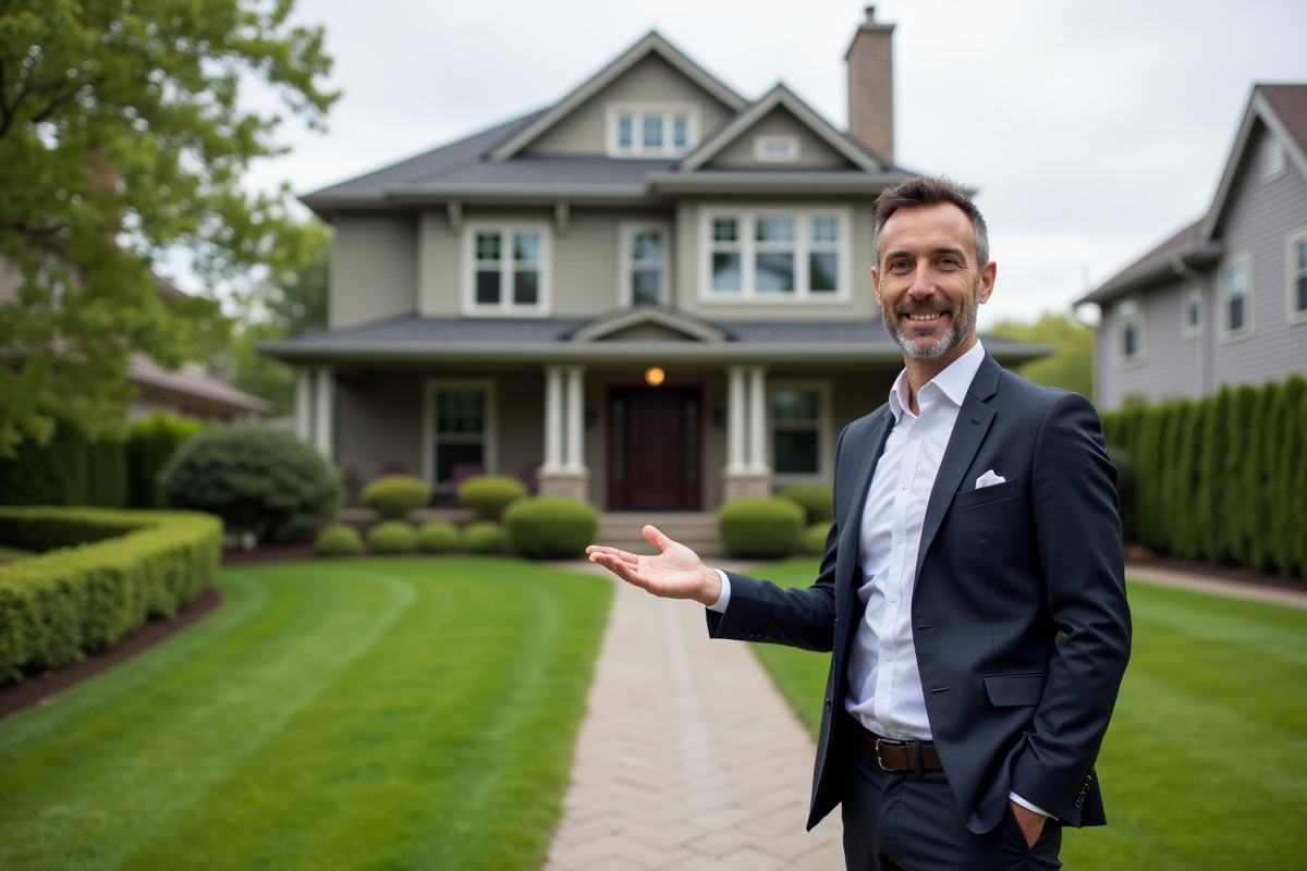 Agent immobilier devant une maison dans un quartier résidentiel