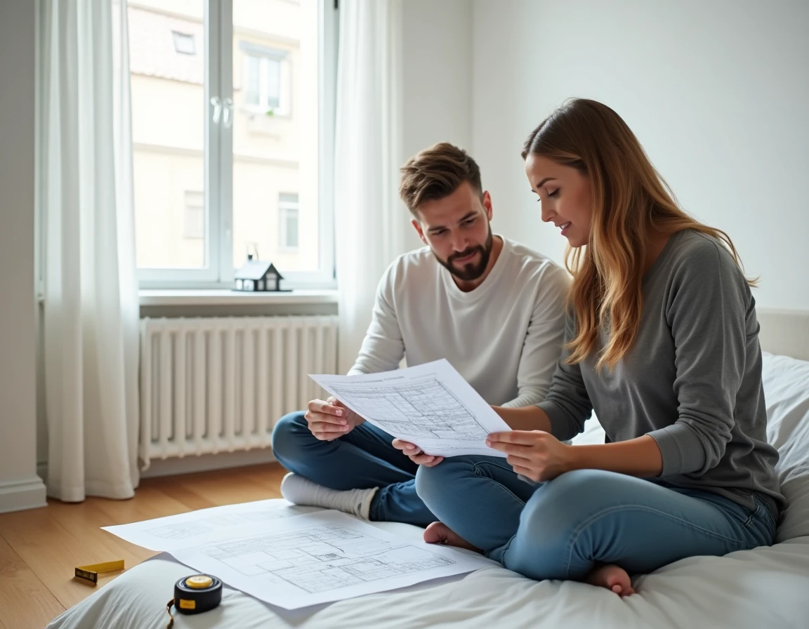 Agent immobilier présentant une estimation de prix au m² à un couple dans une chambre standard lors d'une visite