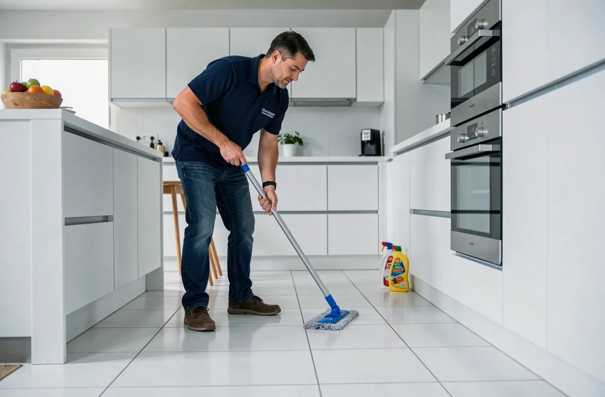 Agent de ménage homme lavant le sol d'une cuisine moderne dans une maison à Toulouse