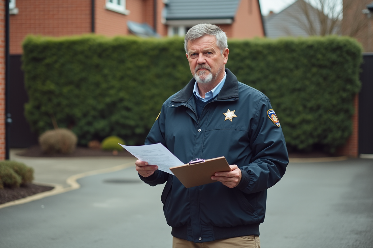 Agent municipal en extérieur vérifiant des documents