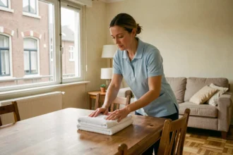 Aide ménagère professionnelle en uniforme bleu pliant du linge dans un appartement lillois, illustrant les services d'aide à domicile financés par la CAF