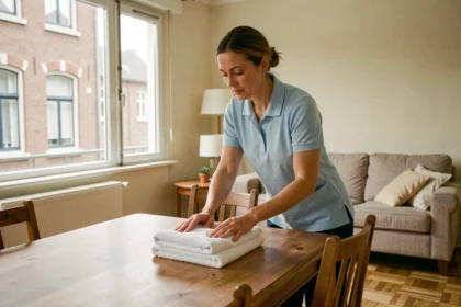 Aide ménagère professionnelle en uniforme bleu pliant du linge dans un appartement lillois, illustrant les services d'aide à domicile financés par la CAF