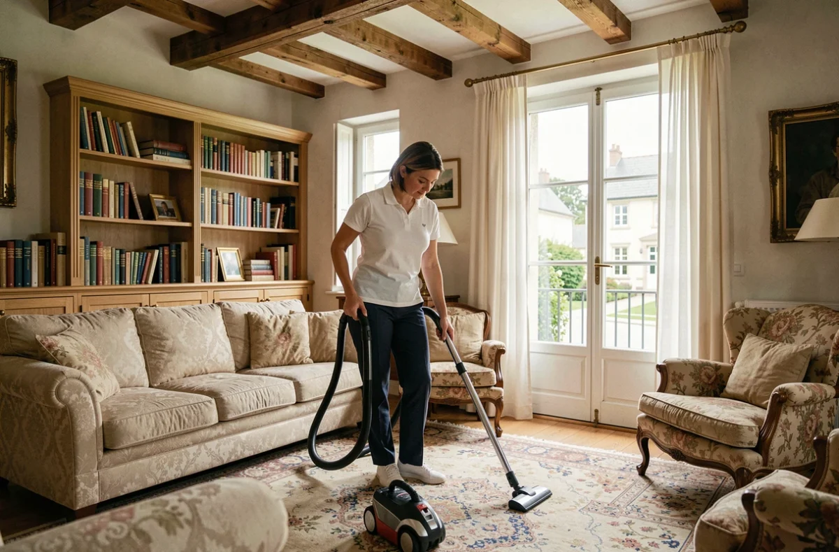 Aide ménagère passant l'aspirateur dans un salon d'une maison au Mans