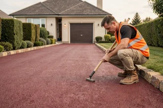 Ouvrier inspectant une allée en enrobé rouge fraîchement posée devant une maison moderne avec bordure en pierre