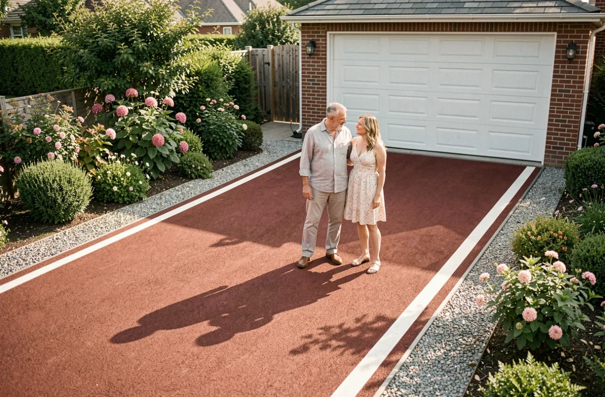 Couple de propriétaires devant une allée en enrobé rouge terminée menant à un garage avec jardin paysagé