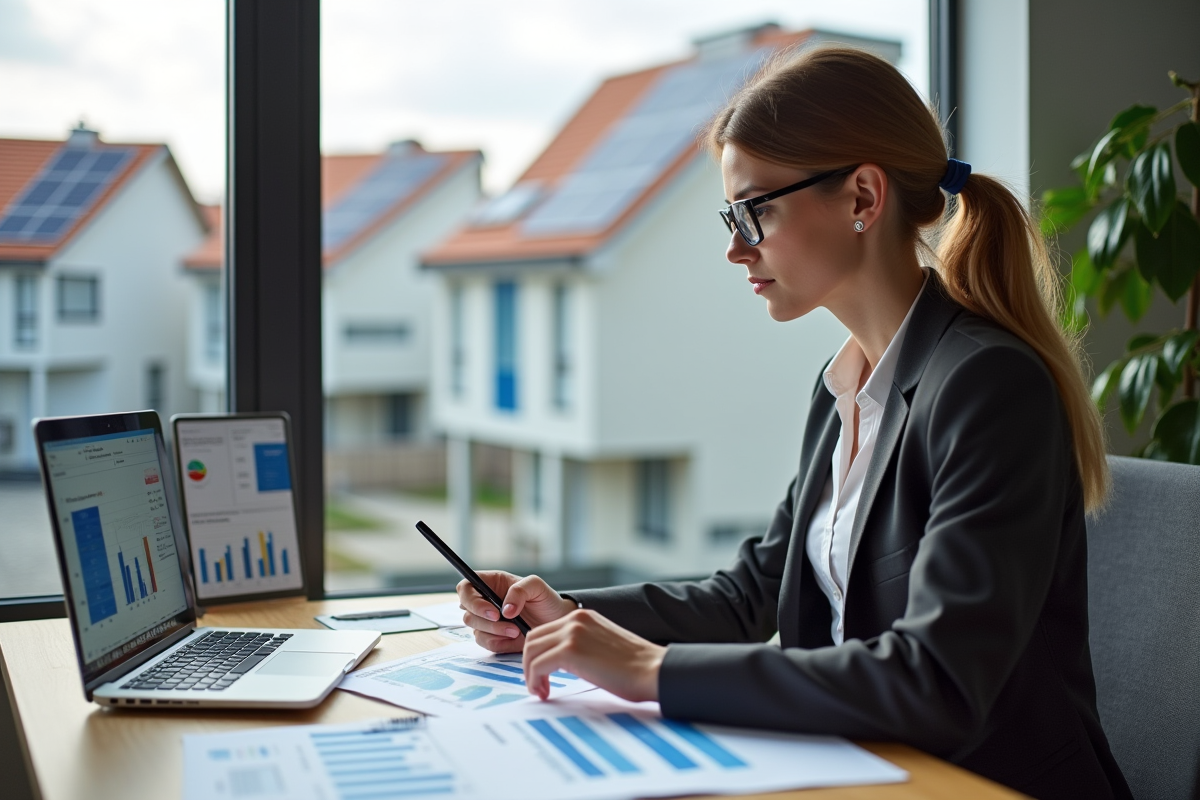 Femme ingénieure analysant des données de panneaux solaires à son bureau
