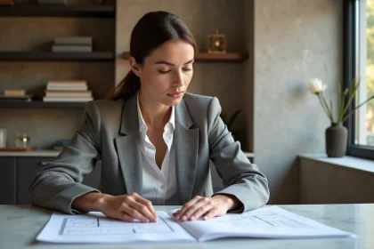 Architecte d'int&eacute;rieur femme examinant des plans dans un bureau &eacute;l&eacute;gant