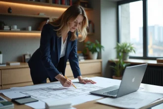 Architecte intérieure professionnelle étudiant des plans de rénovation dans un studio de design moderne