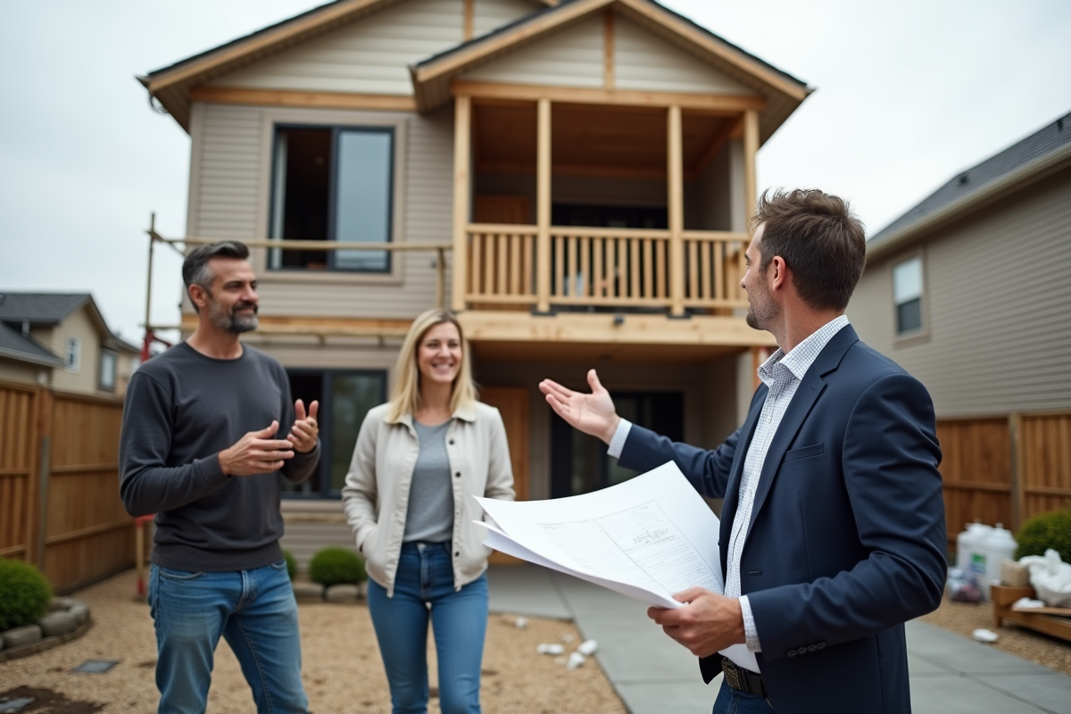 Architecte montrant plans à un couple devant maison en construction