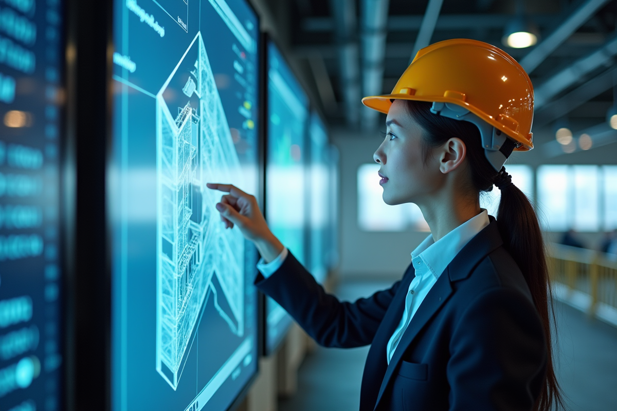 Architecte vérifiant plans sur écran numérique moderne