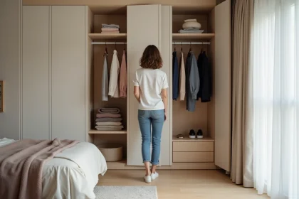 Femme dans sa trentaine ouvre une armoire design dans une chambre organis&eacute;e