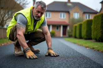 Artisan inspectant l'enrobé drainant posé sur une allée résidentielle en France