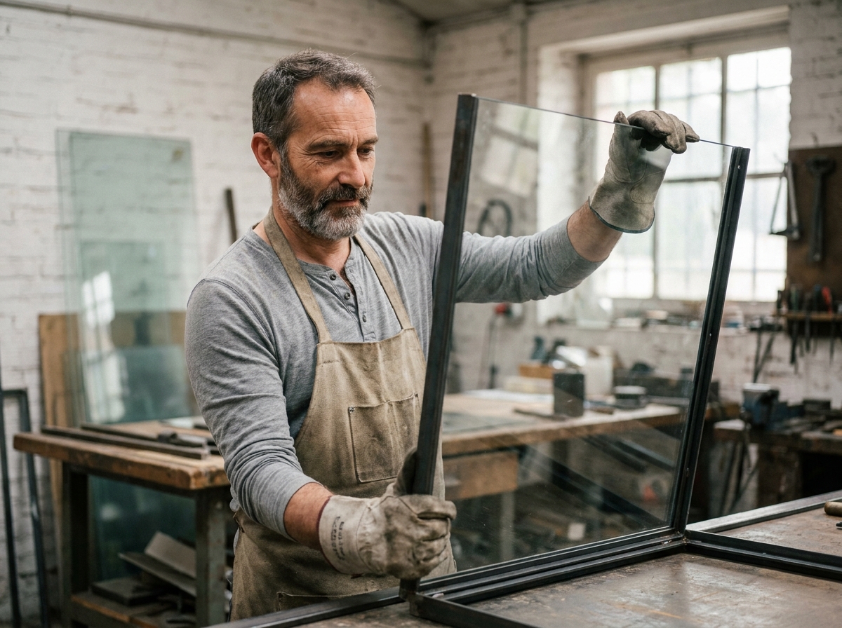 Artisan français assemblant une structure vitrée sur mesure dans un atelier de fabrication traditionnel