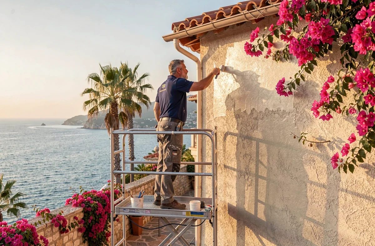 Artisan Azur Peinture travaillant sur la façade d'une villa côtière avec vue sur la Méditerranée sur la Côte d'Azur