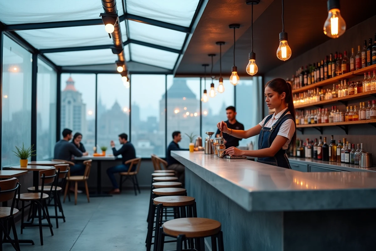Bar de toit en terrasse couvert de bâches transparentes permettant l'accueil des clients par mauvais temps