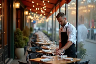 Terrasse de restaurant protégée par des bâches transparentes en PVC permettant une utilisation en toute saison