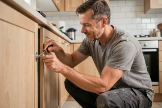 Un homme effectuant un petit travail de bricolage dans sa cuisine en remontant une porte d'armoire avec un tournevis
