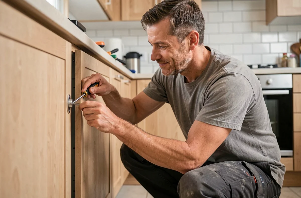 Un homme effectuant un petit travail de bricolage dans sa cuisine en remontant une porte d'armoire avec un tournevis