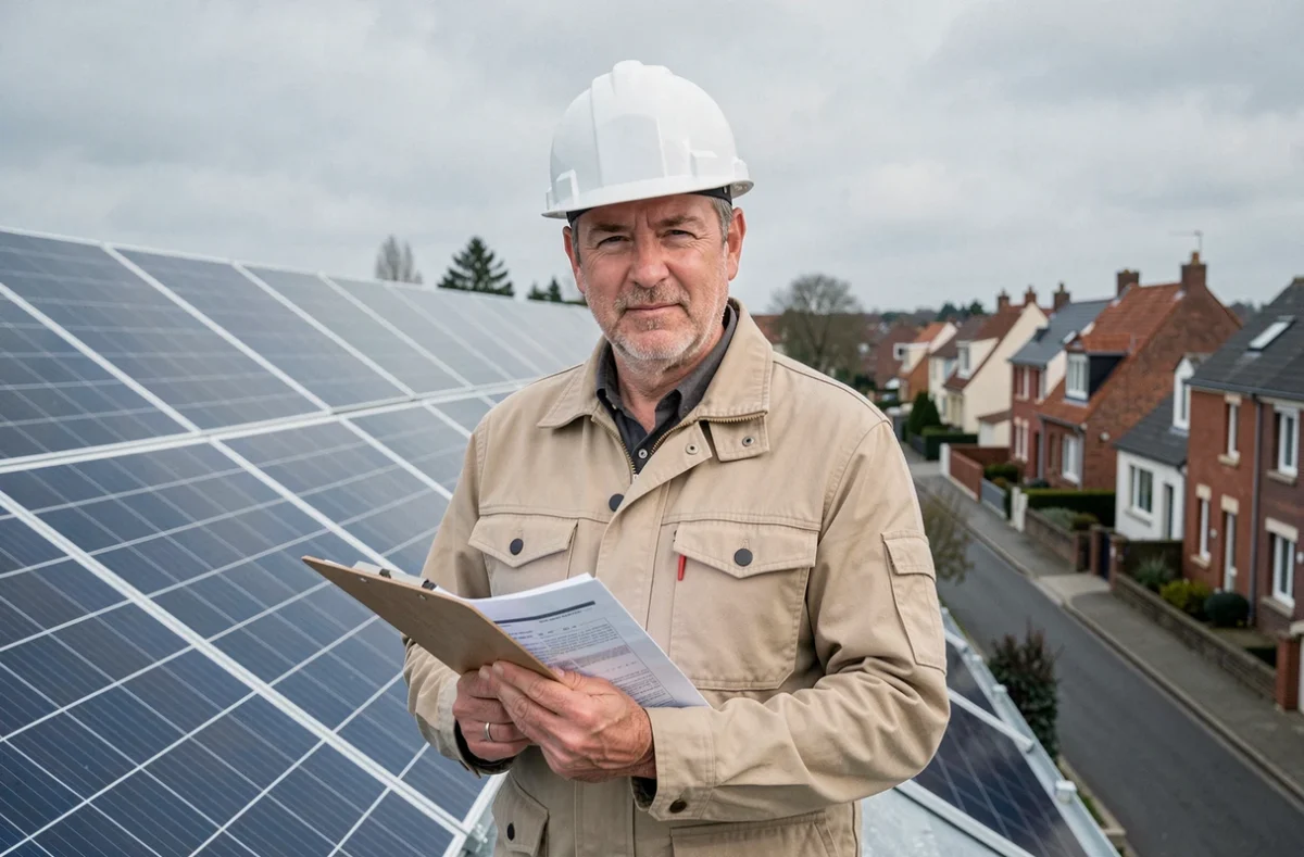 Installateur indépendant Brulin Steeve posant fièrement sur une toiture solaire achevée dans une banlieue du nord de la France