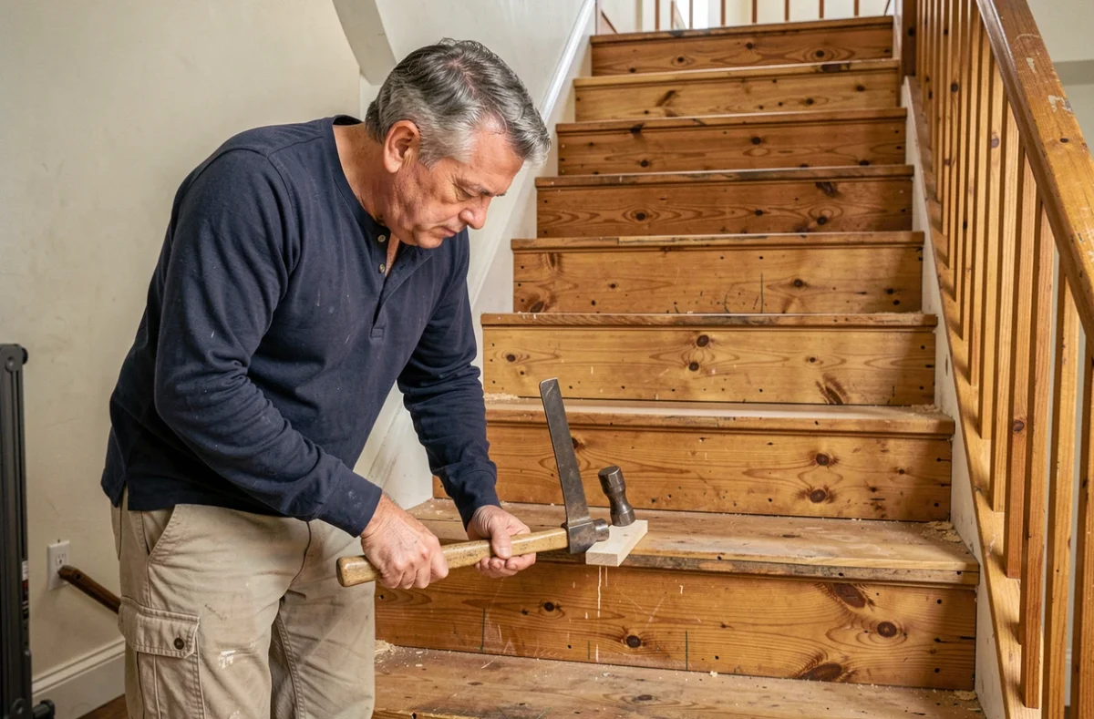 Homme insérant une cale en bois sous une marche d'escalier pour corriger de façon durable le bruit de grincement