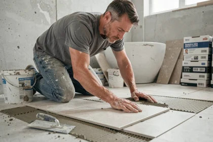 Carreleur professionnel posant du carrelage grand format dans une salle de bain en rénovation