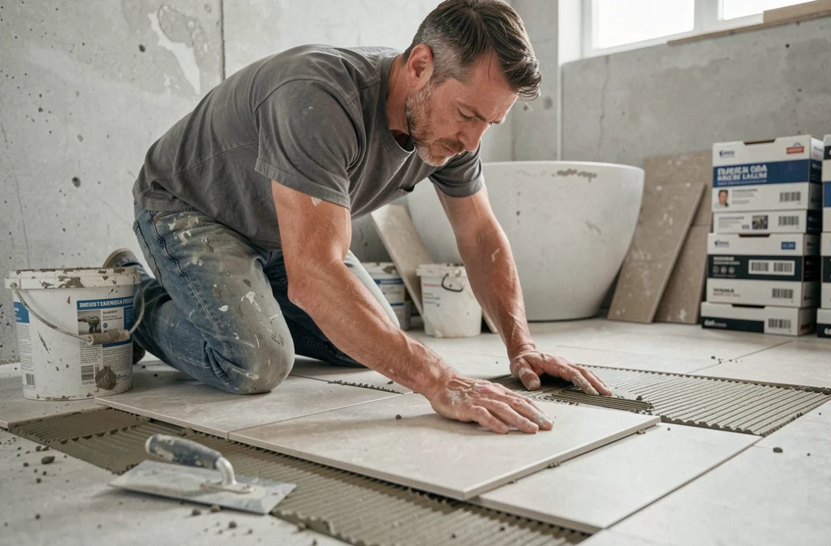 Carreleur professionnel posant du carrelage grand format dans une salle de bain en rénovation