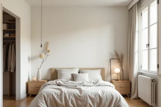 Chambre standard de 12m² dans un appartement parisien moderne avec lit double et parquet en chêne clair