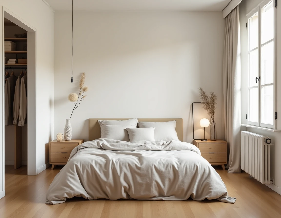 Chambre standard de 12m² dans un appartement parisien moderne avec lit double et parquet en chêne clair