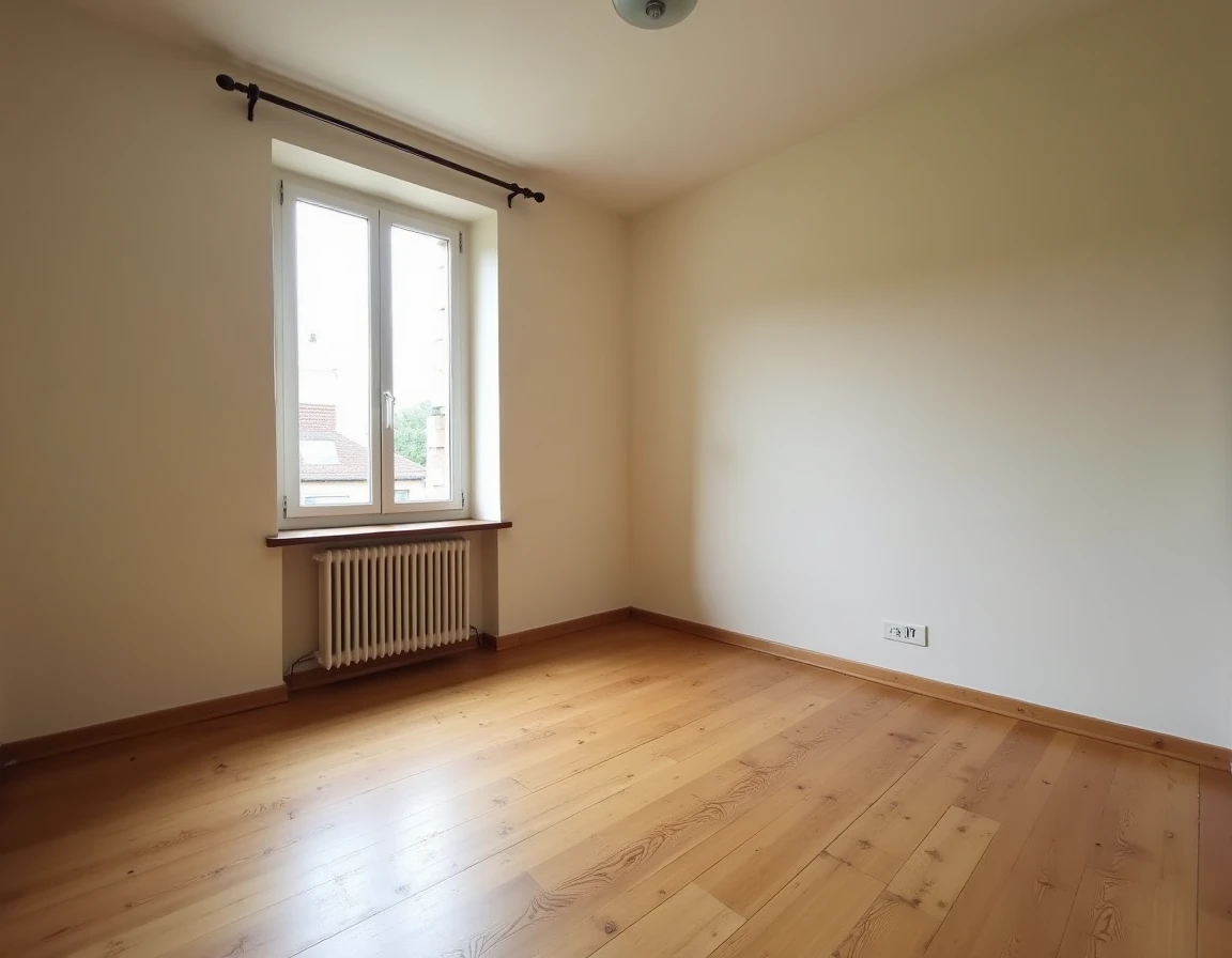 Chambre vide de 11m² dans une maison de banlieue française en vente, parquet usé et fenêtre sur rue résidentielle