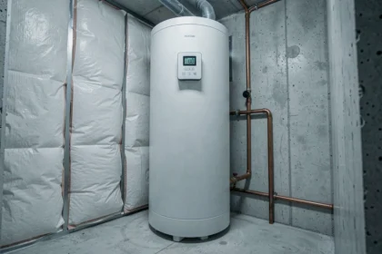 Chauffe-eau thermodynamique installé dans une buanderie moderne avec tuyauterie en cuivre visible