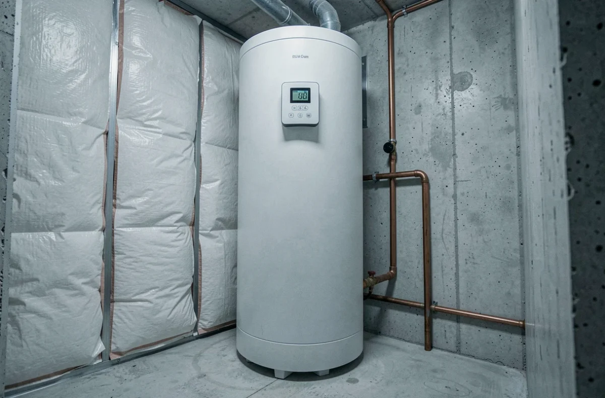 Chauffe-eau thermodynamique installé dans une buanderie moderne avec tuyauterie en cuivre visible