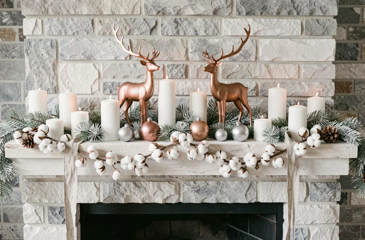 Cheminée nordique décorée avec des rennes en métal cuivré et des bougies blanches pour Noël