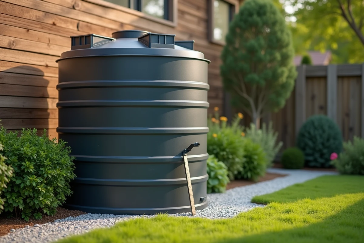 Citerne de récupération d'eau de pluie dans un jardin résidentiel avec règle et guide de mesure pour calcul de volume