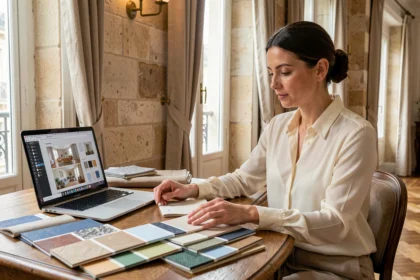 Cliente d'une agence de décoration à Lille consultant des échantillons de tissu et matériaux pour un projet de rénovation intérieure