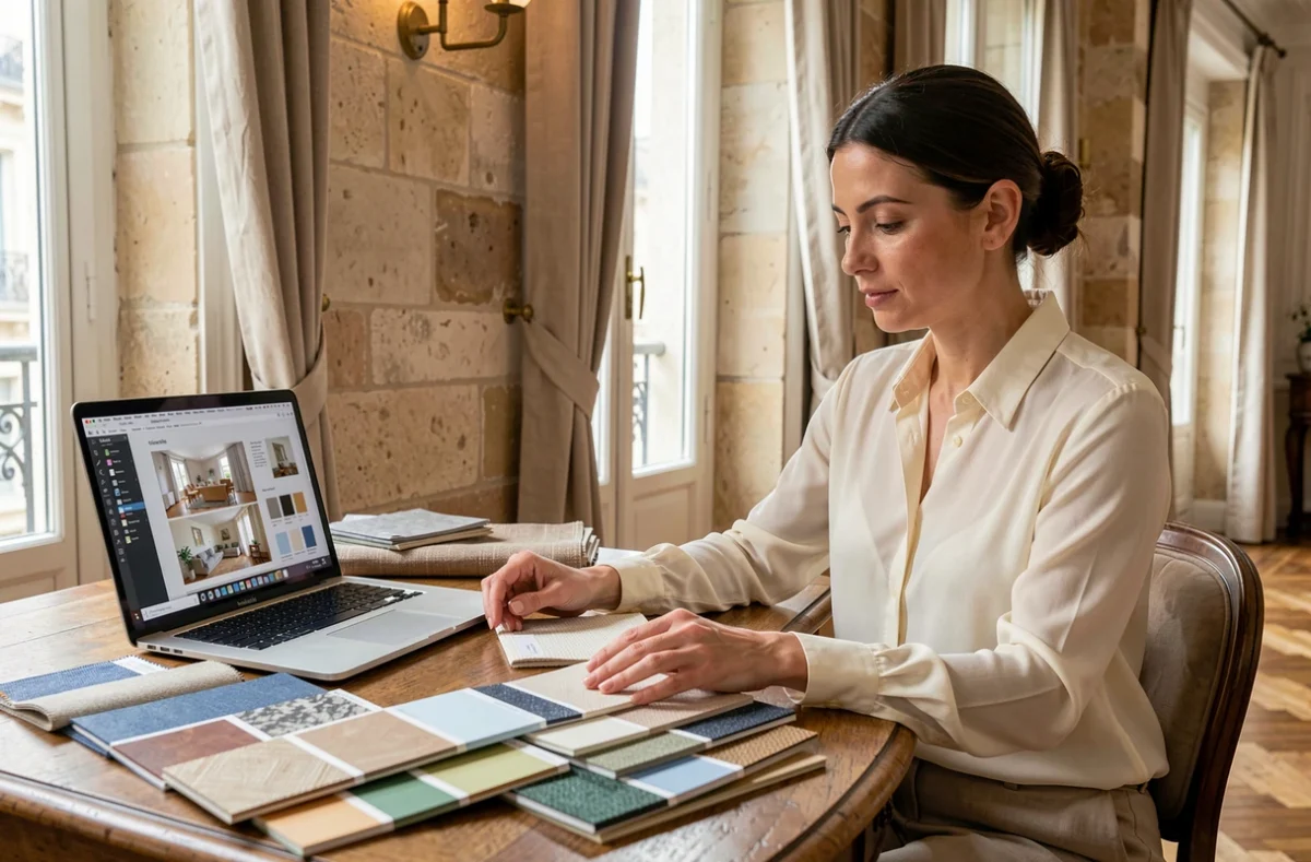 Cliente d'une agence de décoration à Lille consultant des échantillons de tissu et matériaux pour un projet de rénovation intérieure