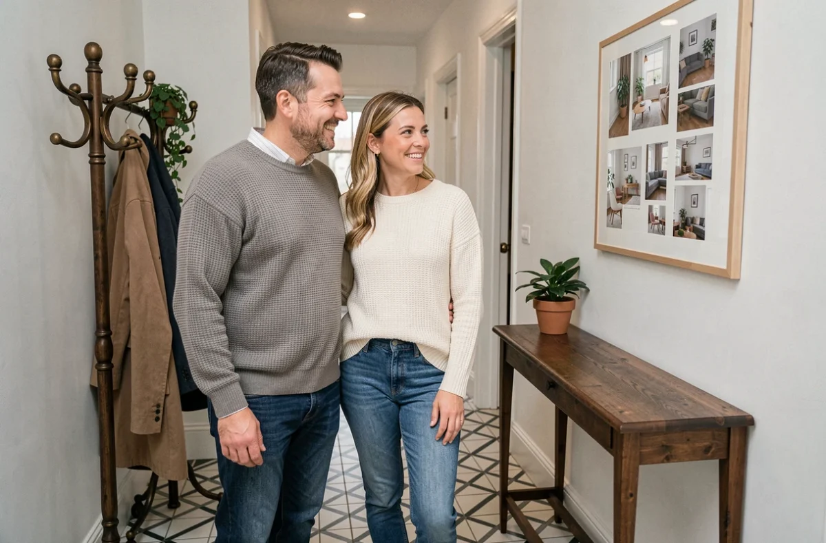 Couple de clients satisfaits de l'agence Lille Décoration lesavoirfairedeco posant dans leur entrée nouvellement décorée