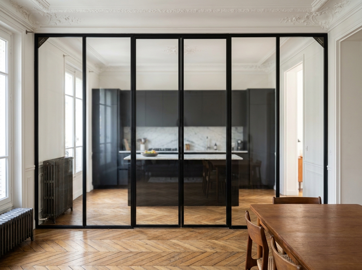 Cloison vitrée en acier noir fabriquée en France séparant cuisine et salle à manger dans un appartement haussmannien parisien