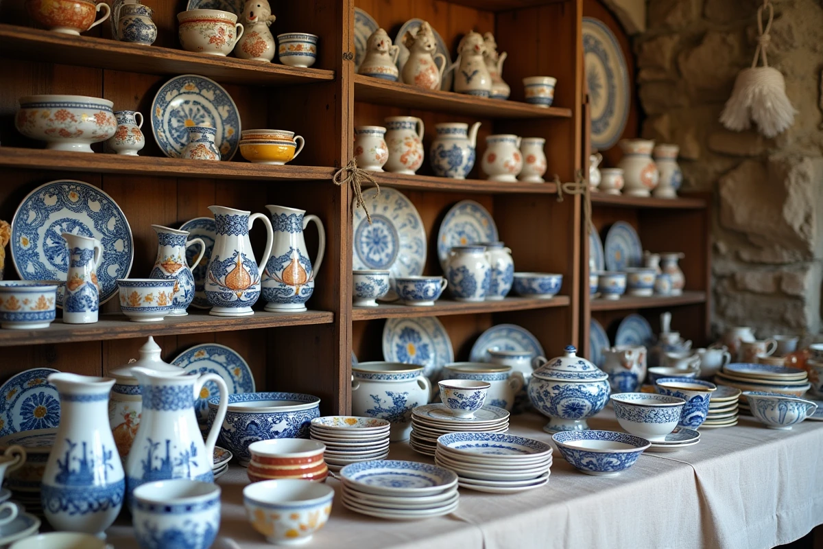 Étagère de faïences Henriot Quimper d'occasion dans une brocante bretonne
