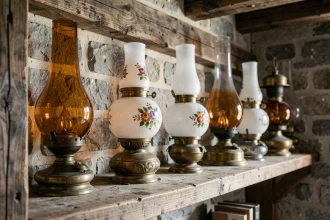 Collection de lampes à pétrole anciennes en laiton et verre peint sur une étagère en bois rustique, styles XIXe siècle