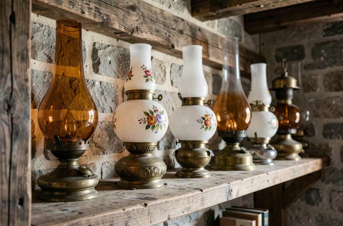 Collection de lampes à pétrole anciennes en laiton et verre peint sur une étagère en bois rustique, styles XIXe siècle