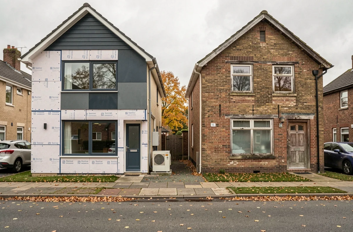 Comparaison entre une maison bien isolée avec pompe à chaleur et une maison ancienne mal isolée dans un quartier résidentiel