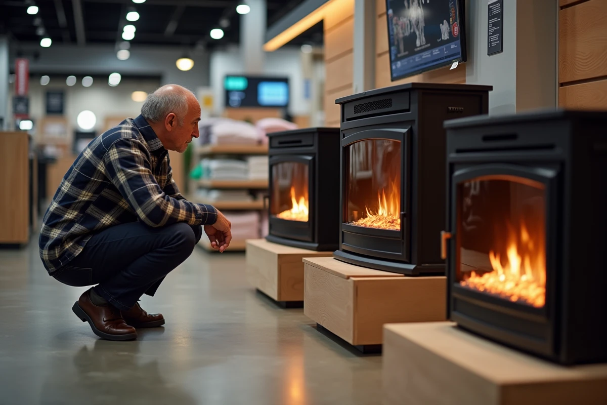 Homme comparant plusieurs modèles de feux électriques en magasin avant de faire son choix