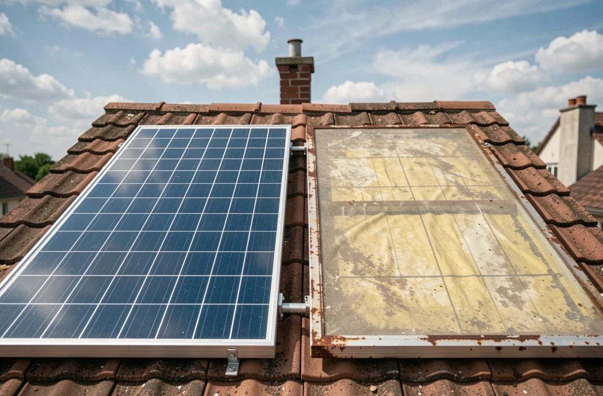 Comparaison côte à côte d'un panneau photovoltaïque neuf et d'un panneau vieilli sur un toit résidentiel