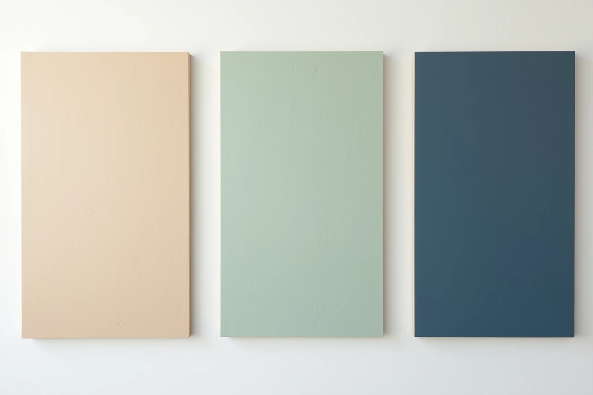 Comparaison de trois finitions de peinture intérieure : mate, satinée et brillante sur des échantillons de bois