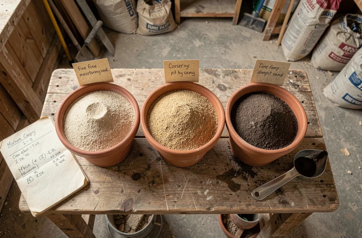 Comparaison de trois types de sable pour béton posés sur un établi en bois avec un carnet de dosage manuscrit