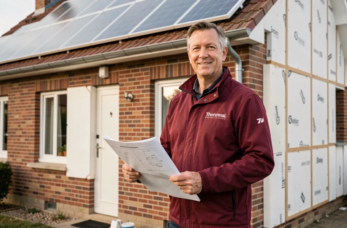 Spécialiste de Confotherm devant une maison en briques rénovée avec panneaux solaires et isolation extérieure dans le nord de la France